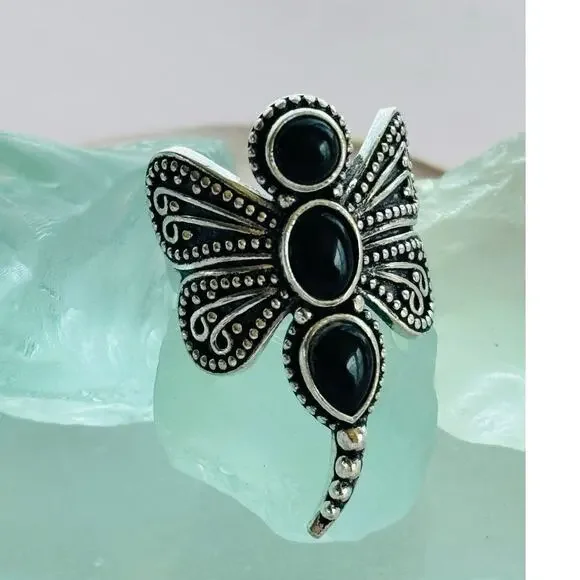 925 Sterling Black Onyx Dragonfly Ring - Picture 3 of 6